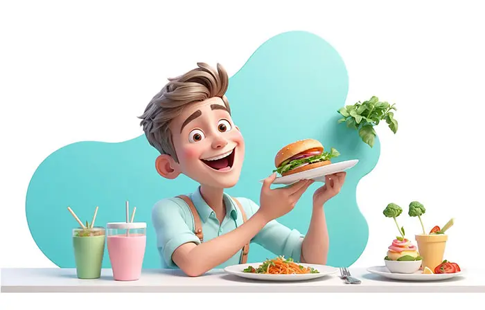 Boy Eating Burger 3D Character Design Art Illustration